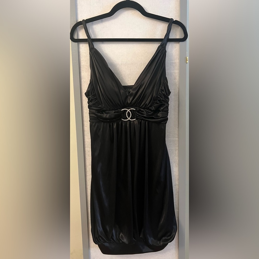 City Triangles Black Small Dress Rhinestone Pleated Women's Junior Satin Club